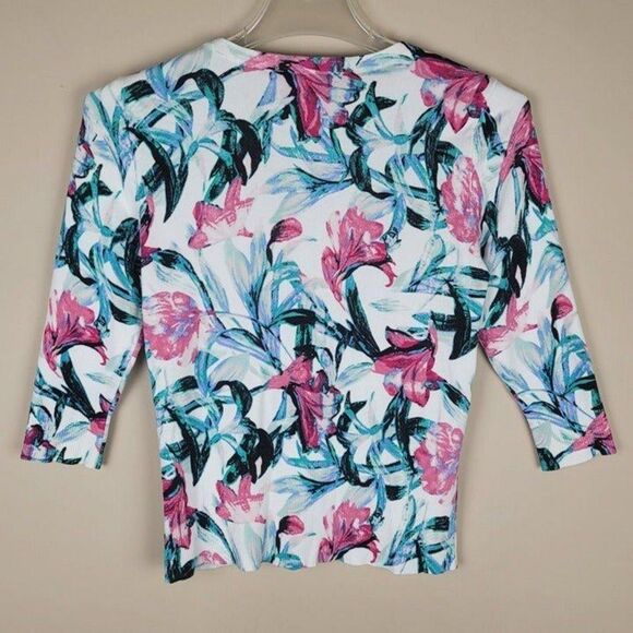 White House Black Market Size XS Floral Snap Button Cardigan White Pink Green - Picture 2 of 9